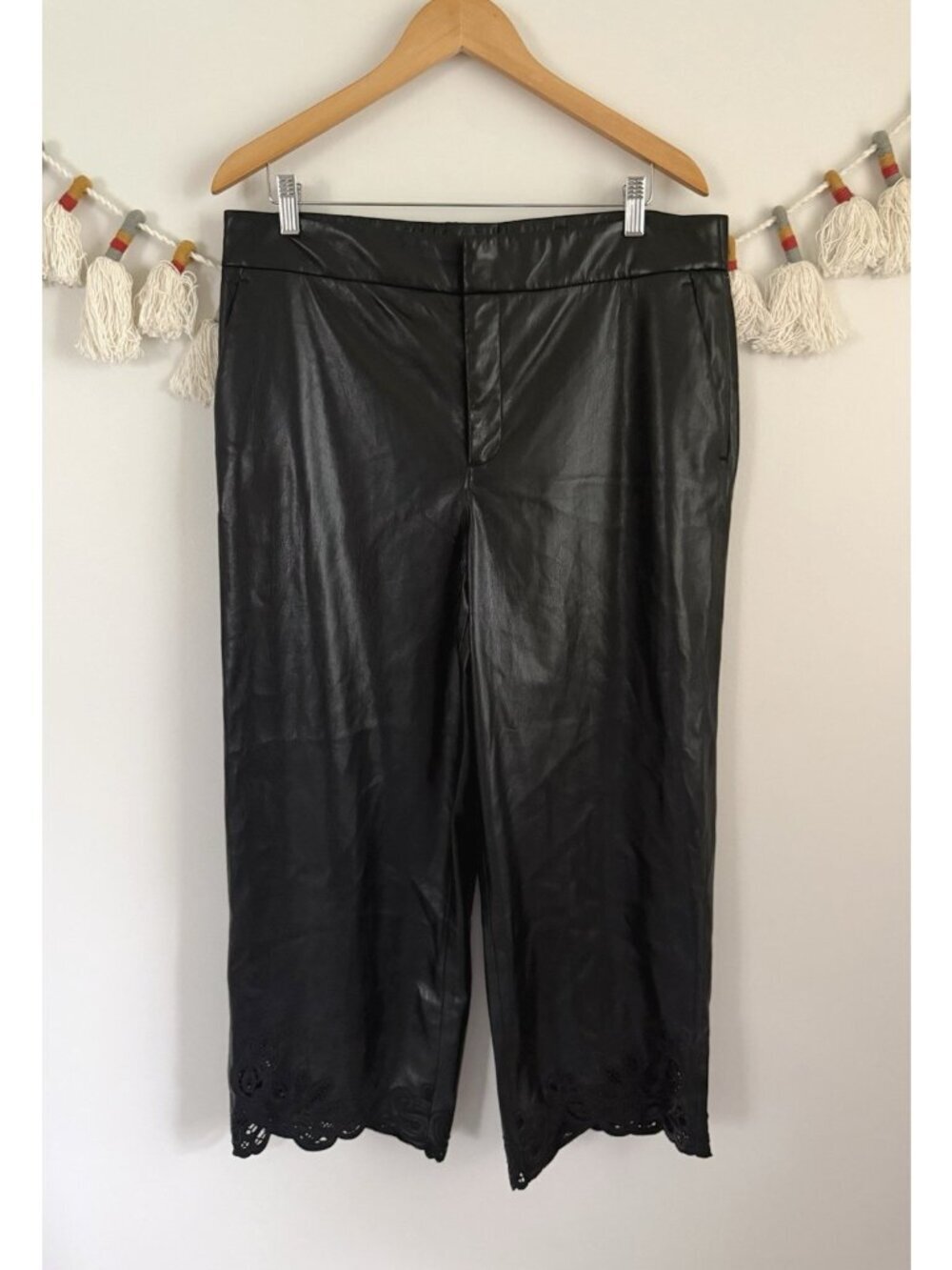 Chico’s Black Faux Leather Embroidered Cutwork Hem Wide Leg Pants Career Wear 14
